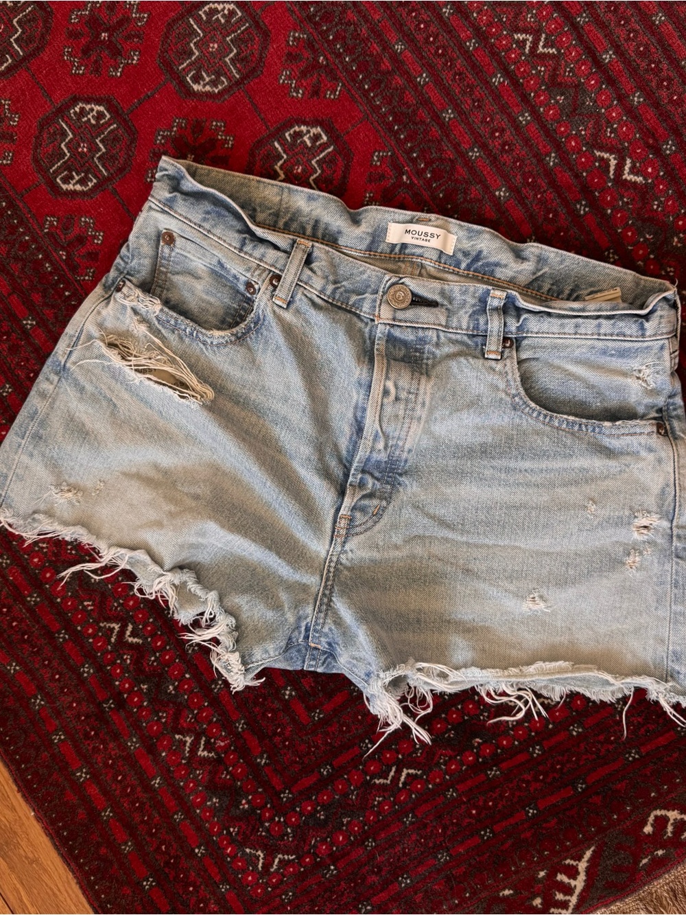 MOUSSY Vintage Light Wash Distressed Denim Cutoff Shorts